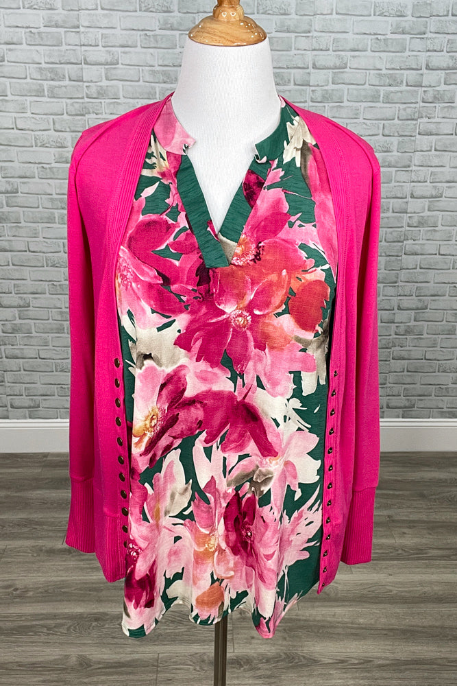 Green & Fuchsia Floral Mandarin Collar Gabby Tunic