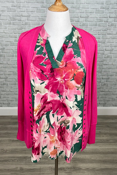 Green & Fuchsia Floral Mandarin Collar Gabby Tunic