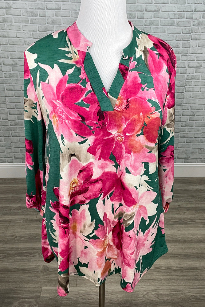 Green & Fuchsia Floral Mandarin Collar Gabby Tunic