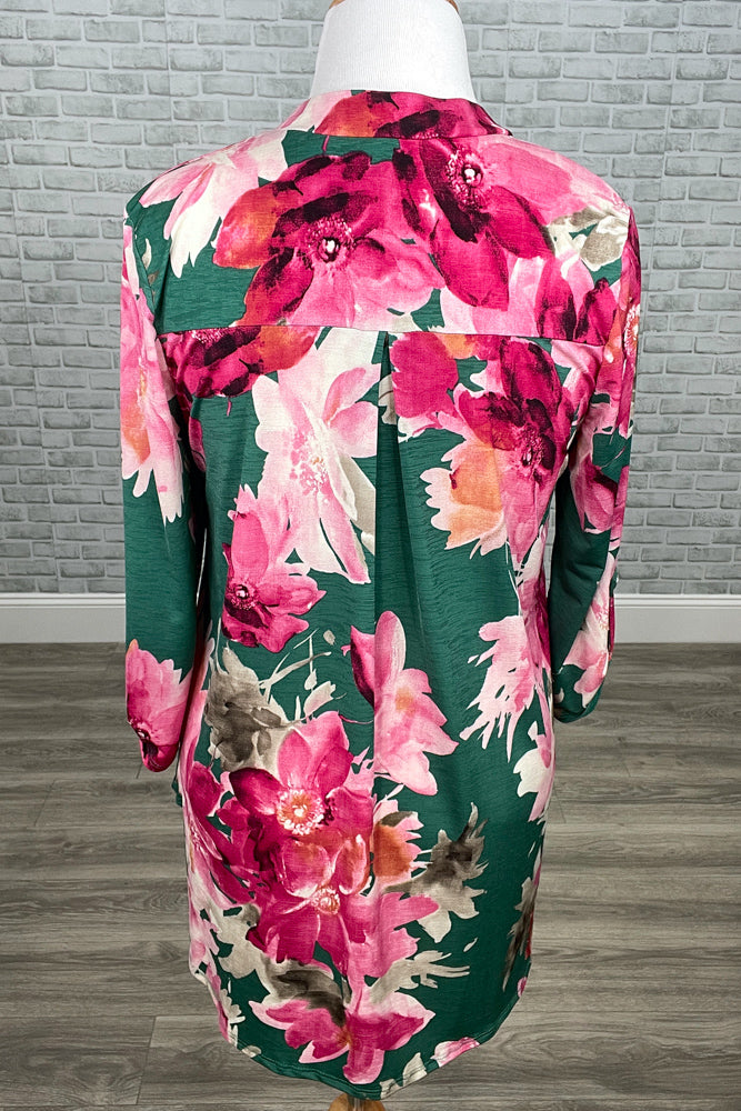 Green & Fuchsia Floral Mandarin Collar Gabby Tunic