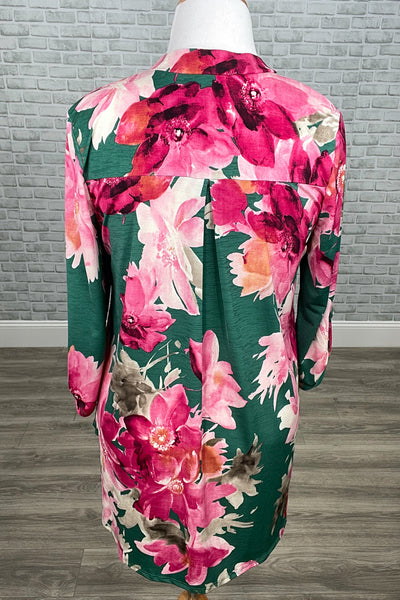 Green & Fuchsia Floral Mandarin Collar Gabby Tunic