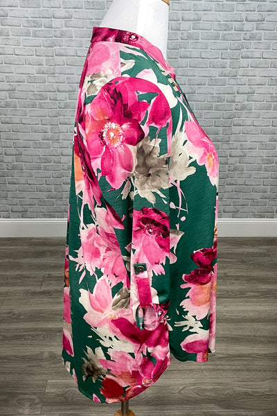 Green & Fuchsia Floral Mandarin Collar Gabby Tunic