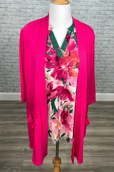 Green & Fuchsia Floral Mandarin Collar Gabby Tunic