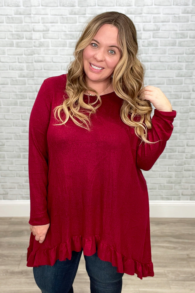 Brushed Soft Hacci Ruffle Bottom Knit Tunic