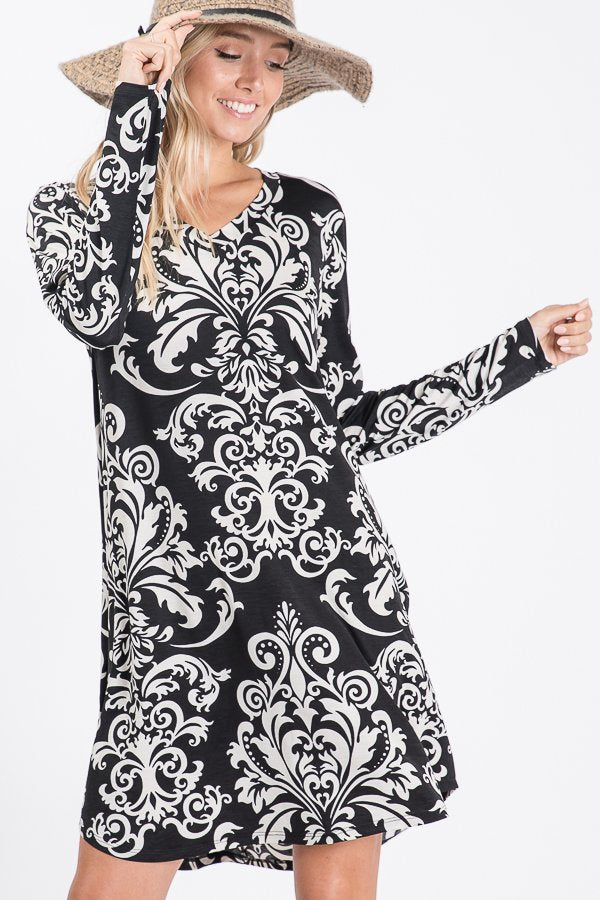 fitted lace wedding dress Black & White Damask Print Long Sleeve V-Neck Swing Dress with Pockets M