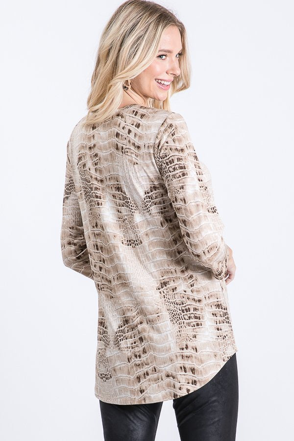 3/4 Sleeve Snakeskin Print Top with Criss-Cross Neck Detail