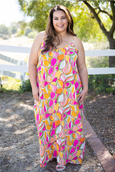 "Groovy" Large Scale Floral Maxi Dress with Pockets