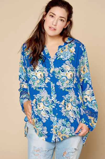 Oddi "Check Out the Back" Blue Floral Button Down Top