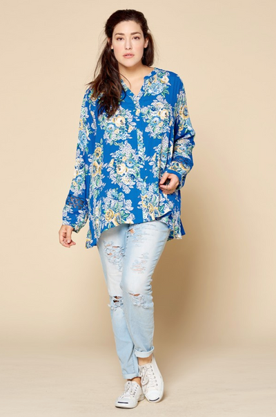 Oddi "Check Out the Back" Blue Floral Button Down Top