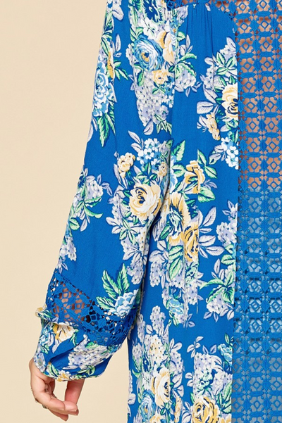 Oddi "Check Out the Back" Blue Floral Button Down Top
