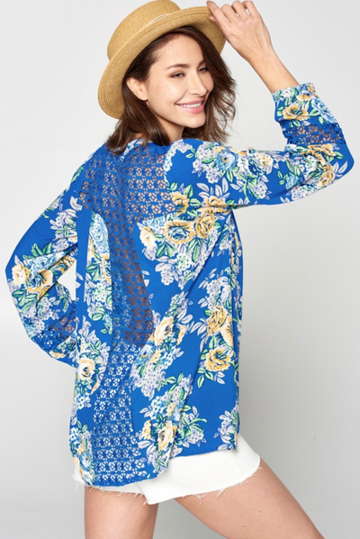 Oddi "Check Out the Back" Blue Floral Button Down Top