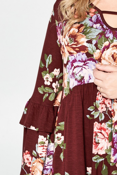 All the Fall Feels Burgundy Floral Babydoll Top {Oddi}