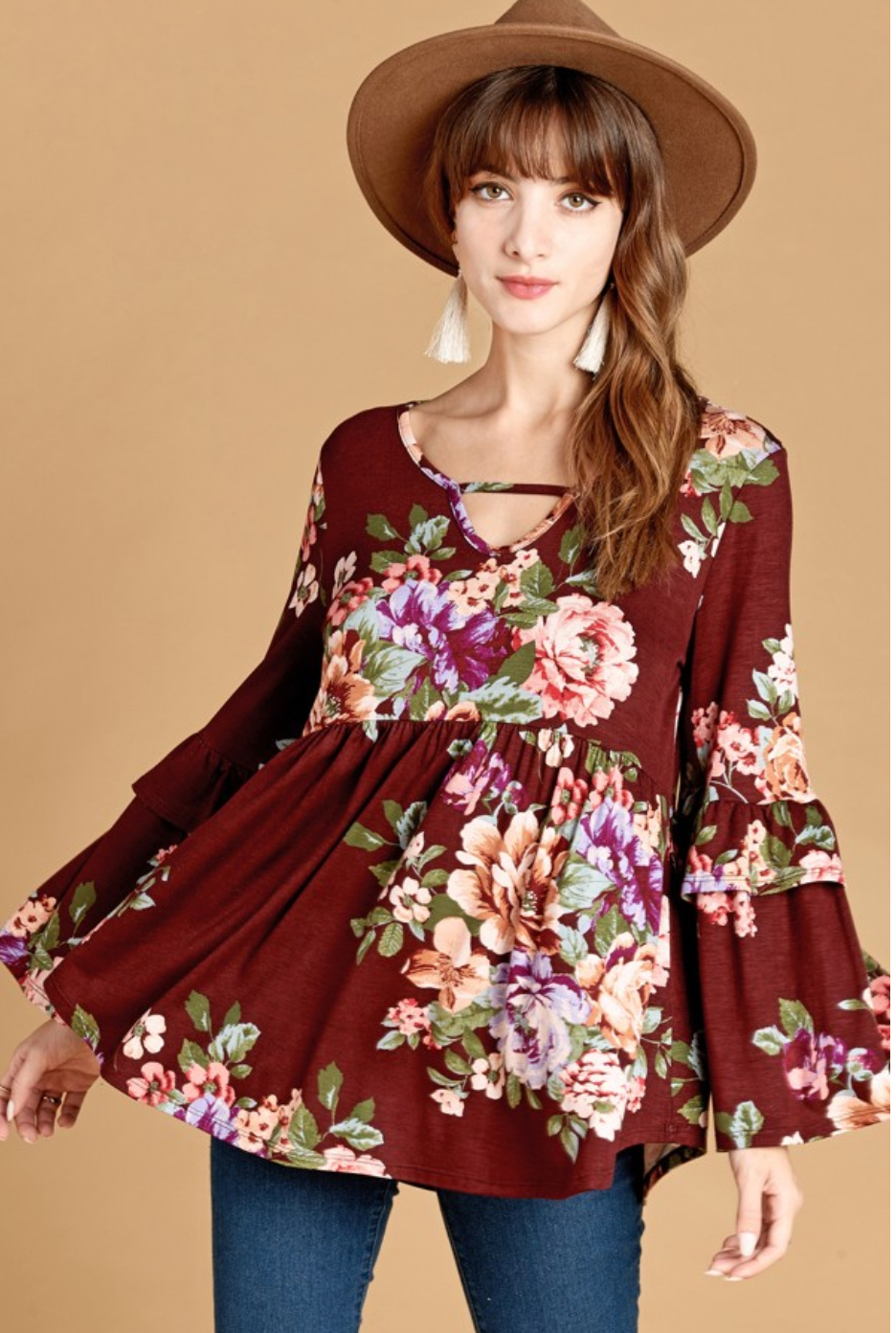 All the Fall Feels Burgundy Floral Babydoll Top {Oddi}