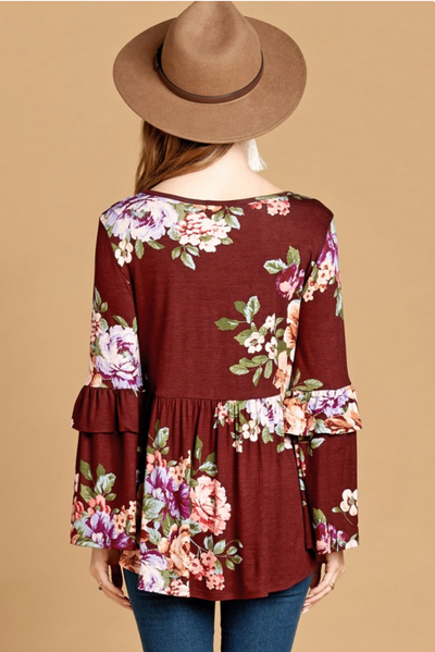 All the Fall Feels Burgundy Floral Babydoll Top {Oddi}