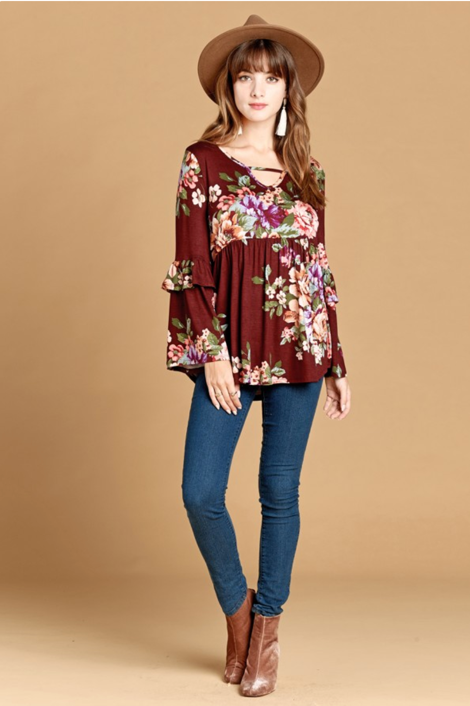 All the Fall Feels Burgundy Floral Babydoll Top {Oddi}