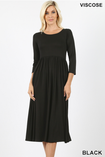 Beautifully Basic Black 3/4 Sleeve Midi Dress
