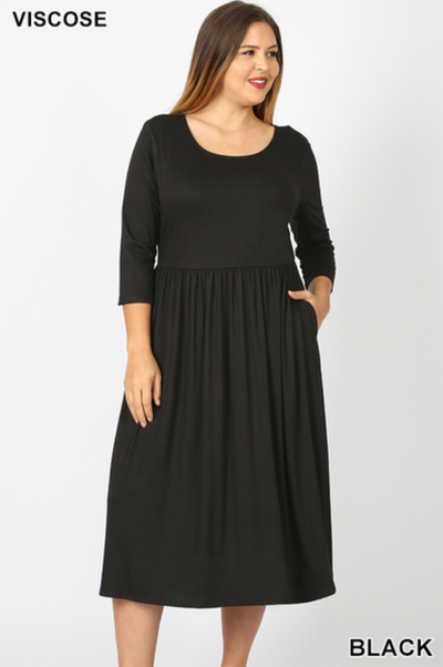 Beautifully Basic Black 3/4 Sleeve Midi Dress