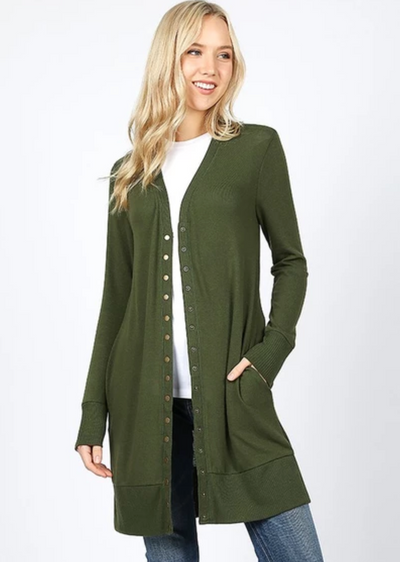 3 Colors - Long Sleeve Snap Cardigan - Mid Thigh Length