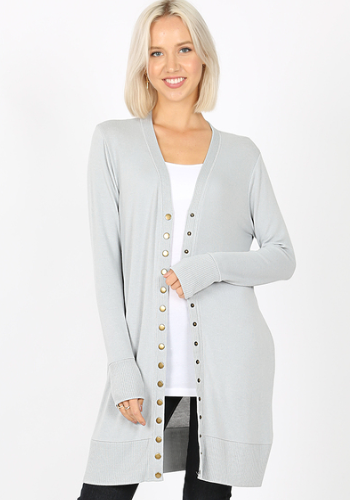 3 Colors - Long Sleeve Snap Cardigan - Mid Thigh Length