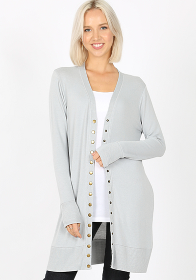 3 Colors - Long Sleeve Snap Cardigan - Mid Thigh Length