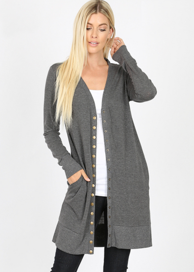 3 Colors - Long Sleeve Snap Cardigan - Mid Thigh Length