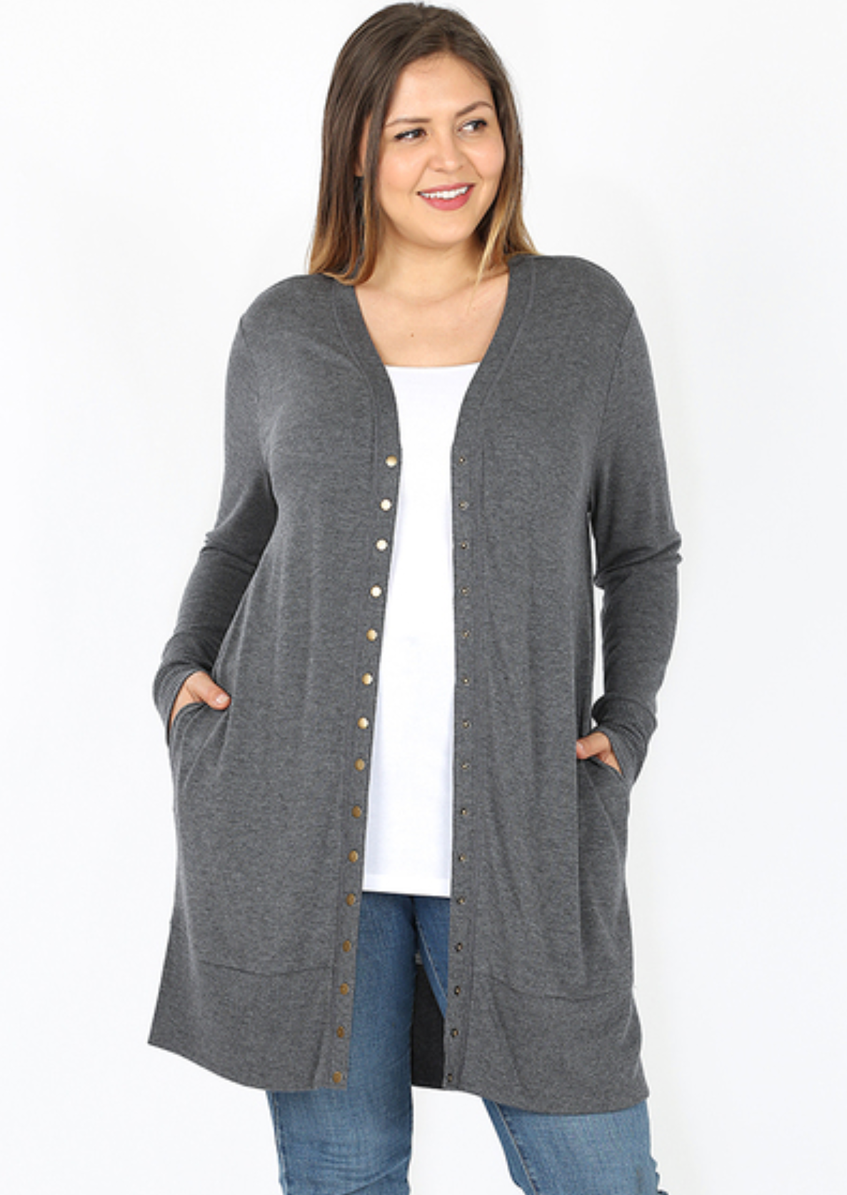 3 Colors - Long Sleeve Snap Cardigan - Mid Thigh Length