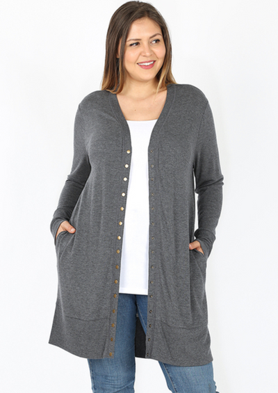 3 Colors - Long Sleeve Snap Cardigan - Mid Thigh Length