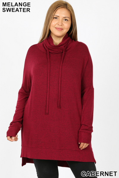 Beautifully Basic Brushed Melange Funnel Neck Tunic w/ Hi-Low Hem