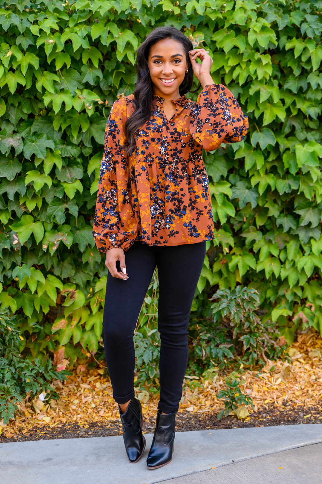 Sense Of Belonging Floral Babydoll Blouse In Rust