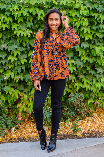 Sense Of Belonging Floral Babydoll Blouse In Rust