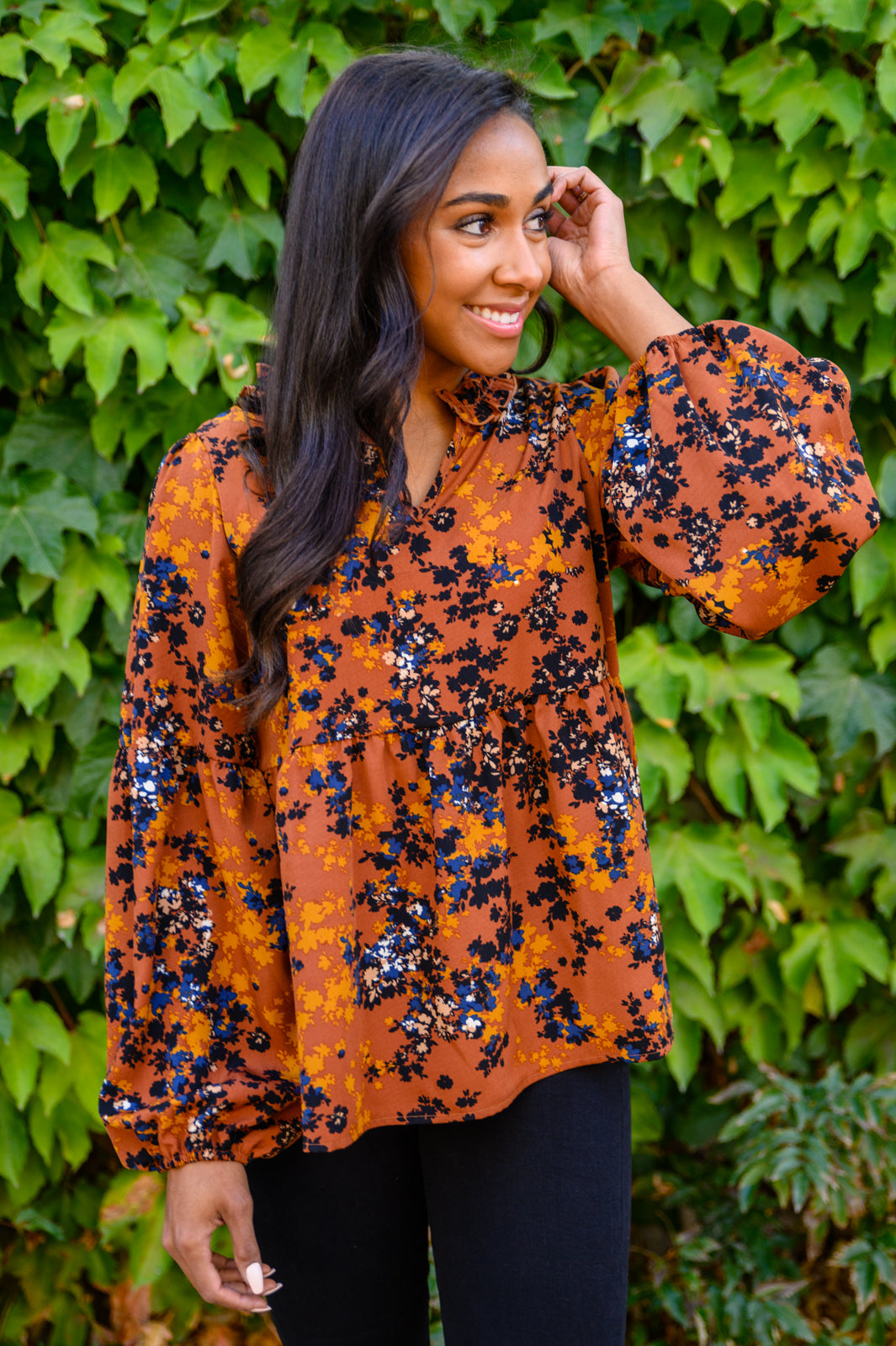 Sense Of Belonging Floral Babydoll Blouse In Rust
