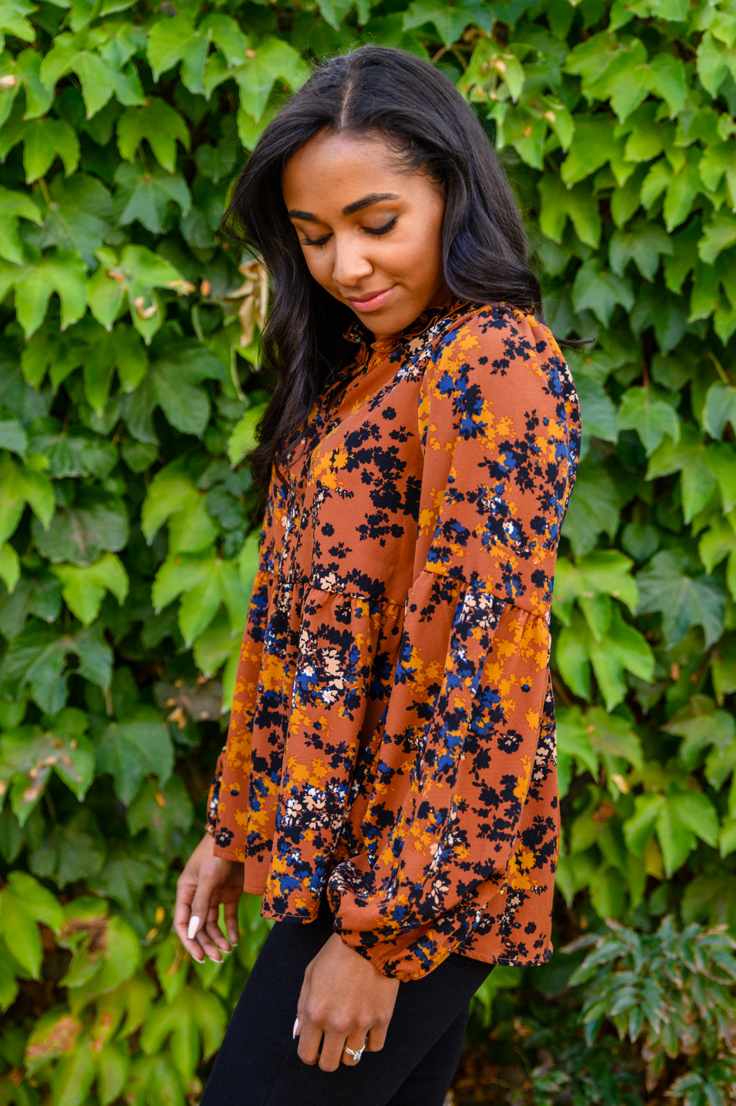 Sense Of Belonging Floral Babydoll Blouse In Rust