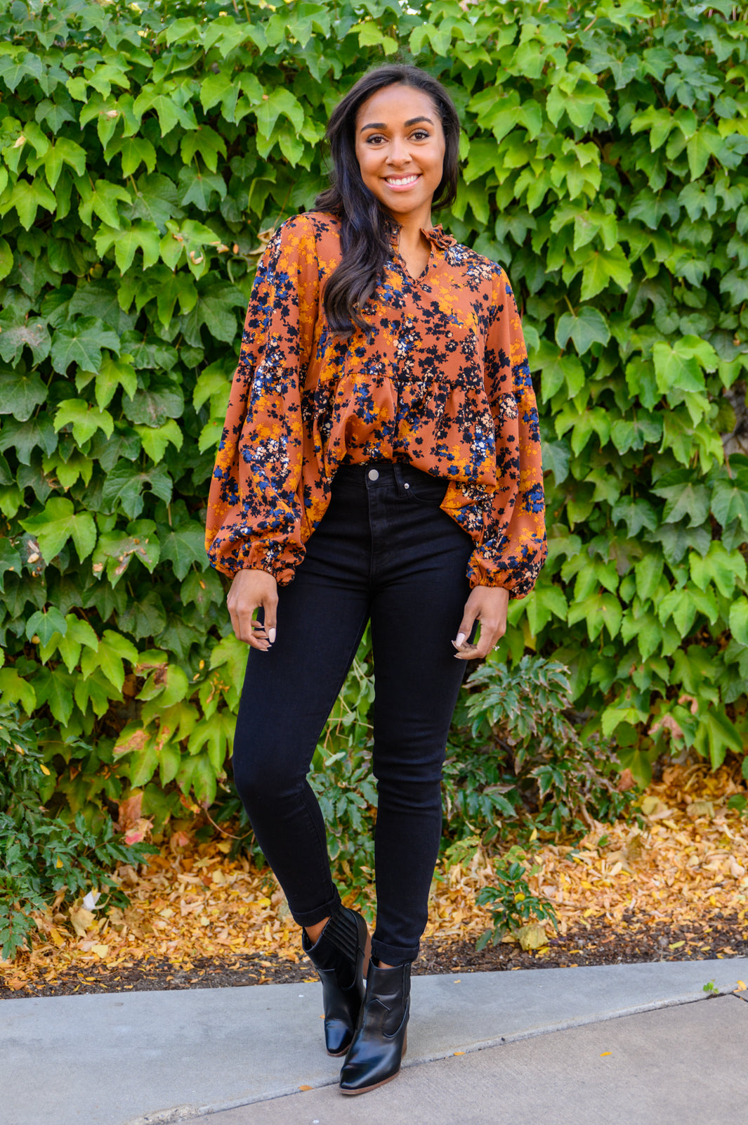 Sense Of Belonging Floral Babydoll Blouse In Rust