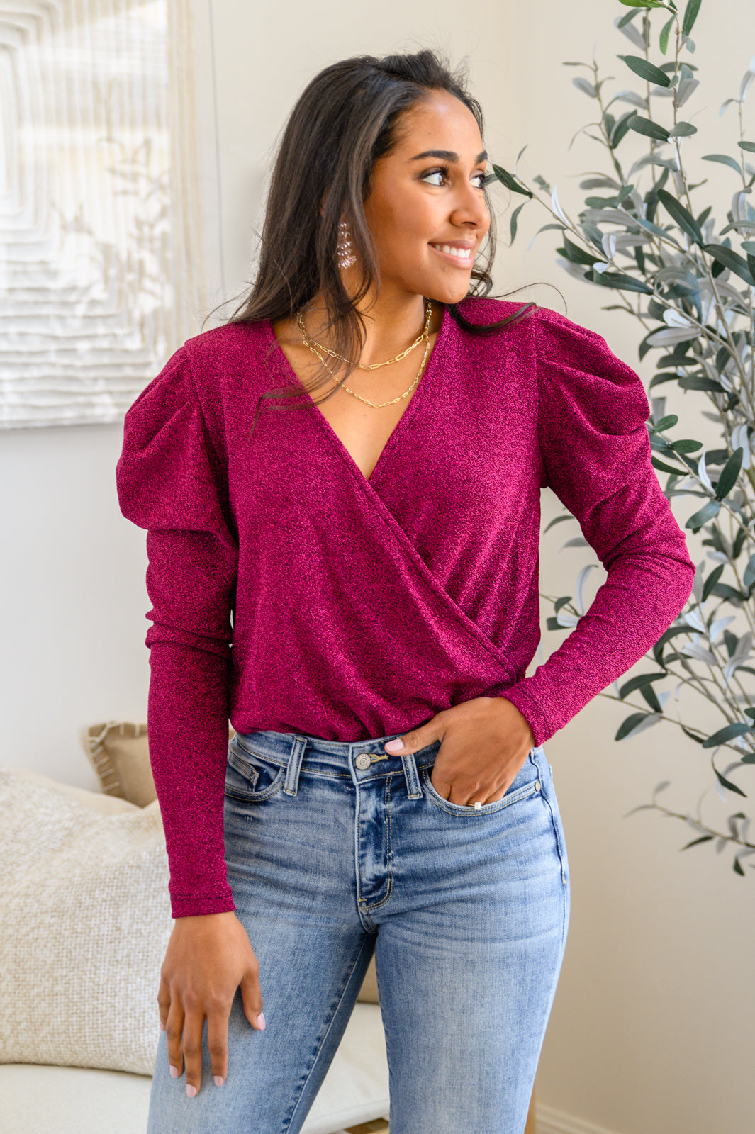 Take Me Out Faux Wrap Bodysuit In Magenta with Tiny Sparkles