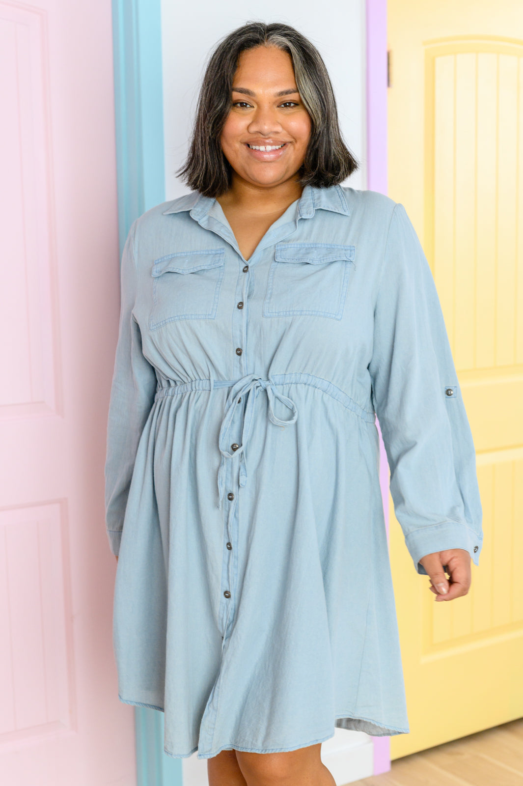 Denim Plus Size Shirt Dress Light Blue Ruffled 3/4 Sleeve Buttoned Front Plus  Size Denim Dress  The Rusted Nail Boutique