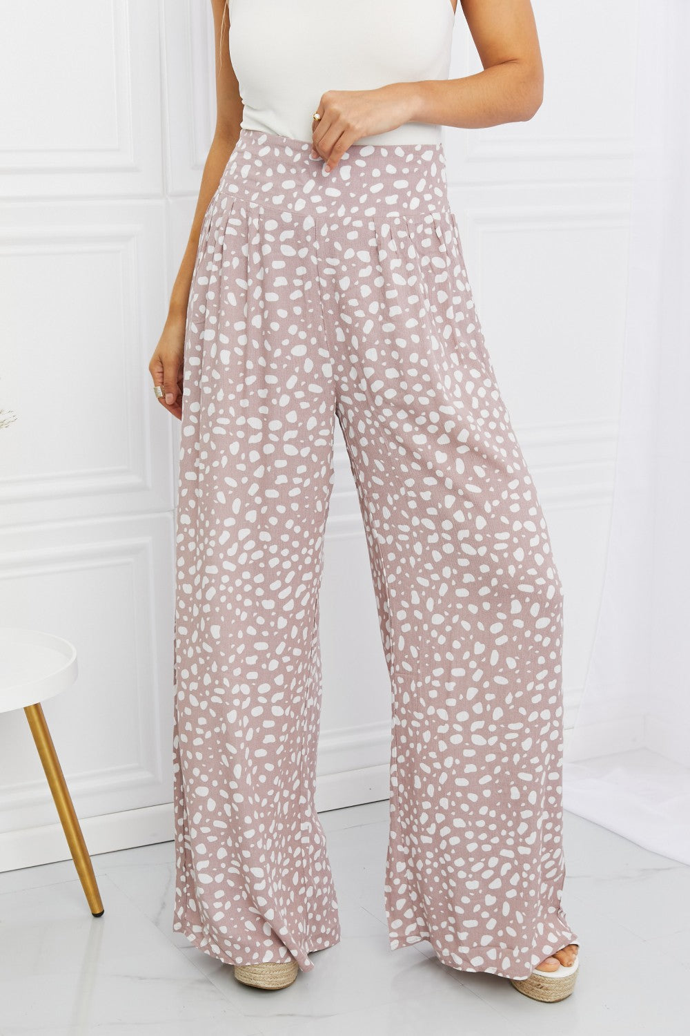 Kori Animal Print Tied Pleated Wide Leg Pants - Dusty Pink