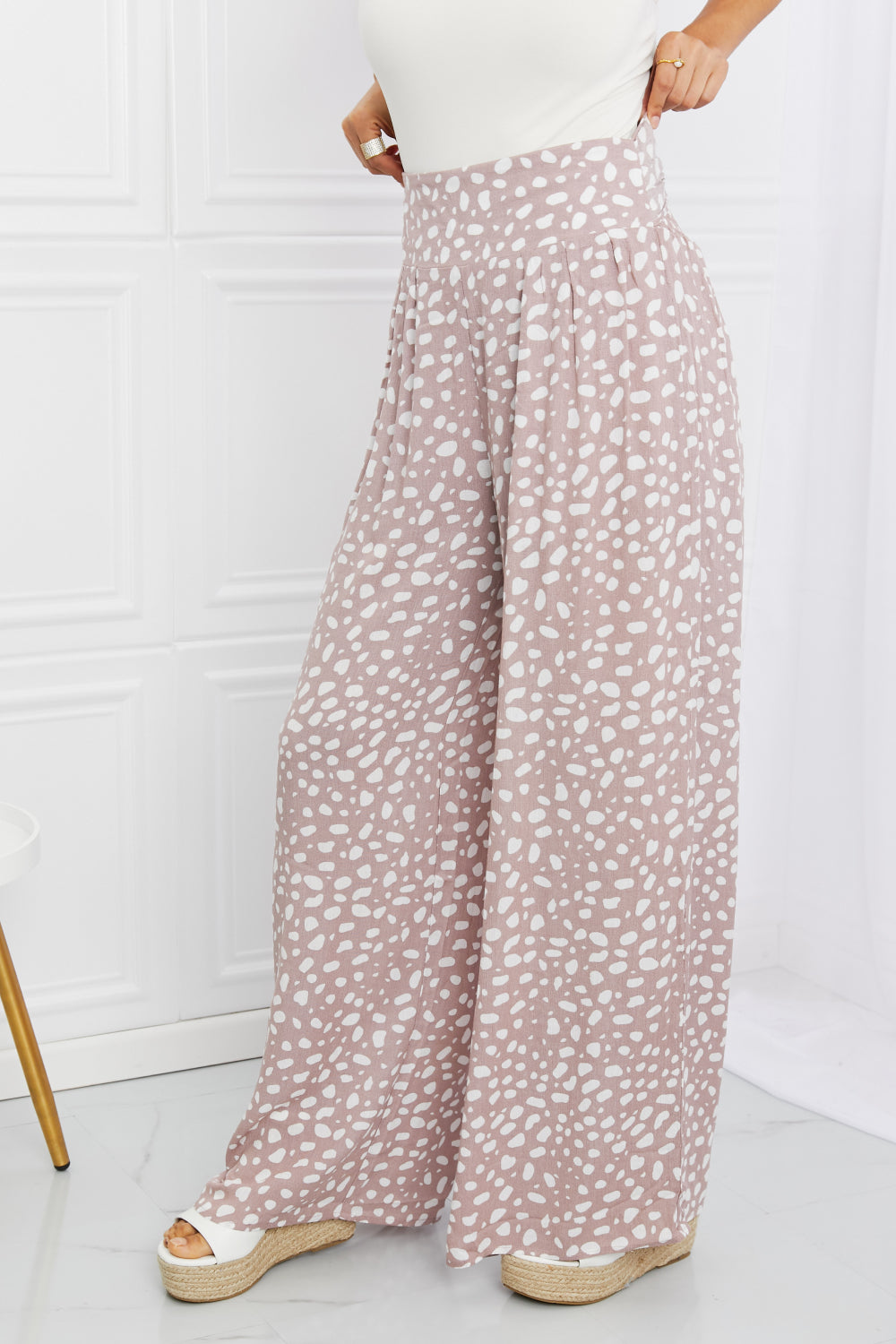 Kori Animal Print Tied Pleated Wide Leg Pants - Dusty Pink
