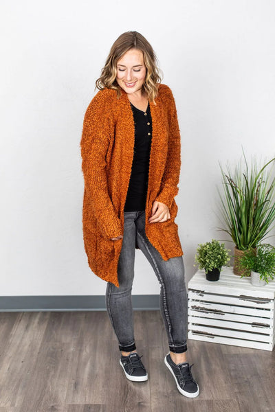 LUXE Fuzzy Cardigan from Michelle Mae in Rust