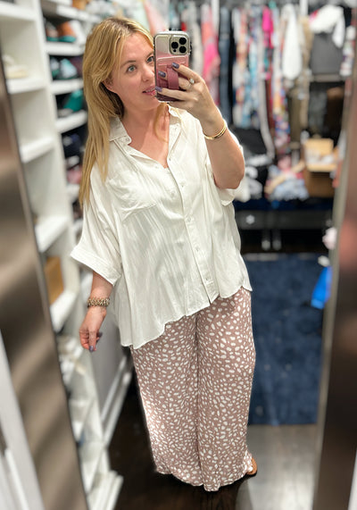 Kori Animal Print Tied Pleated Wide Leg Pants - Dusty Pink