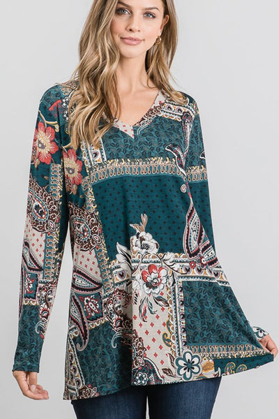 Multi Print Paisley Teal Long Sleeve V-Neck Top