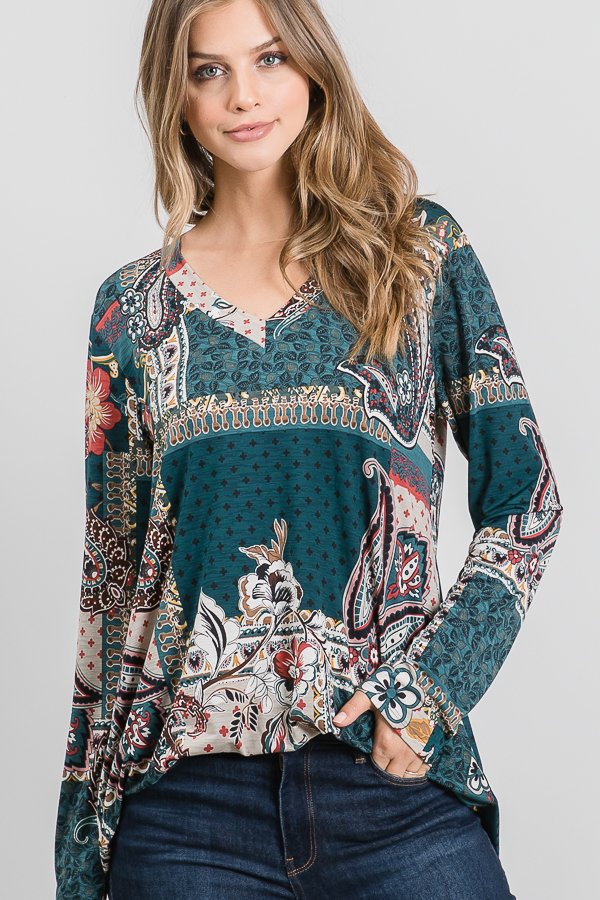 Multi Print Paisley Teal Long Sleeve V-Neck Top