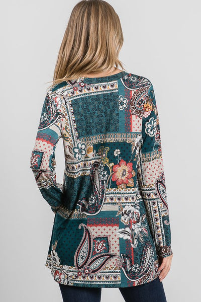Multi Print Paisley Teal Long Sleeve V-Neck Top