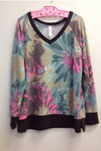 Aqua and Hot Pink Floral Top with Dark Brown Trim