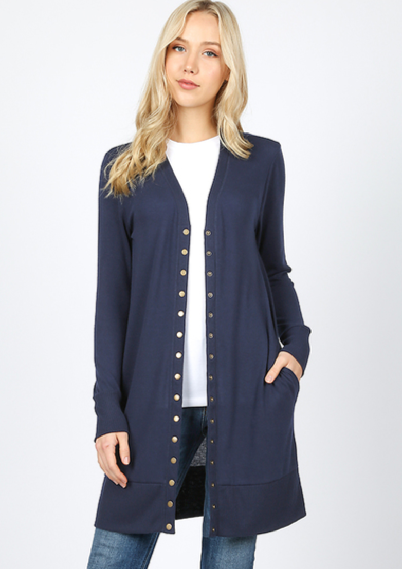 3 Colors - Long Sleeve Snap Cardigan - Mid Thigh Length